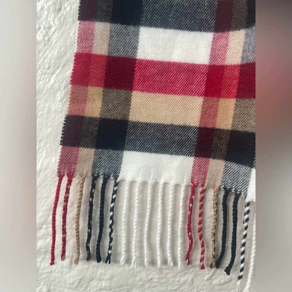 Made in Scotland wide 100% cashmere red, tan, black plaid scarf, fringe detail - Picture 2 of 5